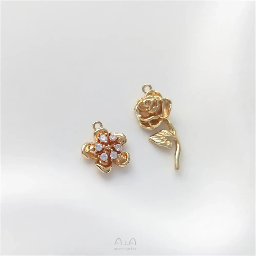 Paquete de oro de 14 quilates, flor de circón con rama y hoja, colgante de rosa, pendientes hechos a mano, collar, pulsera, colgante de joyería DIY