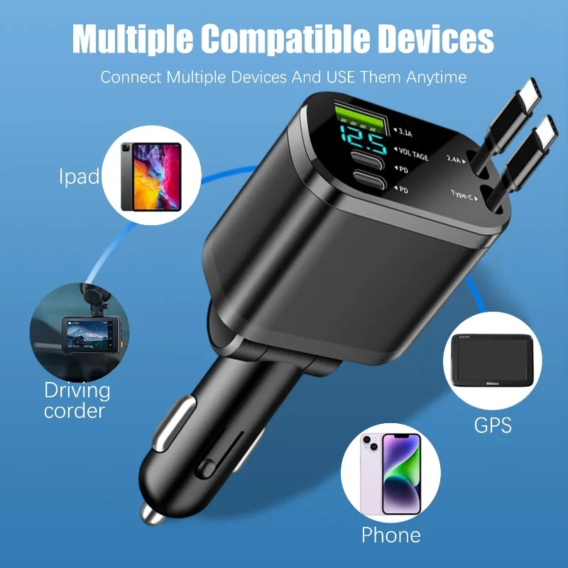 5 في 1 لمط مهايئ شاحن سيارة سيارة ولاعة السجائر محول عرض الجهد مع كابل قابل للسحب شاحن سريع 66 واط #5