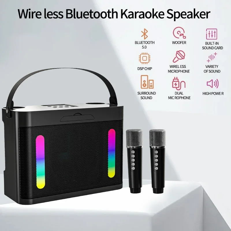 Portable Karaoke Speaker Loudspeaker with Duel Wireless Microphone Family Party DJ Box HIFI Stereo Surround Support USB TF Card