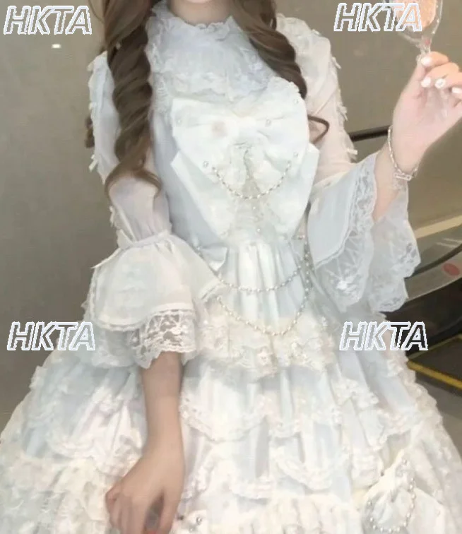 Japanese Sweet Stand Up Neck Chiffon Shirt Summer Horn Long Sleeve Lace Bow Pleated Slim Versatile Lolita Blouse White Top Women