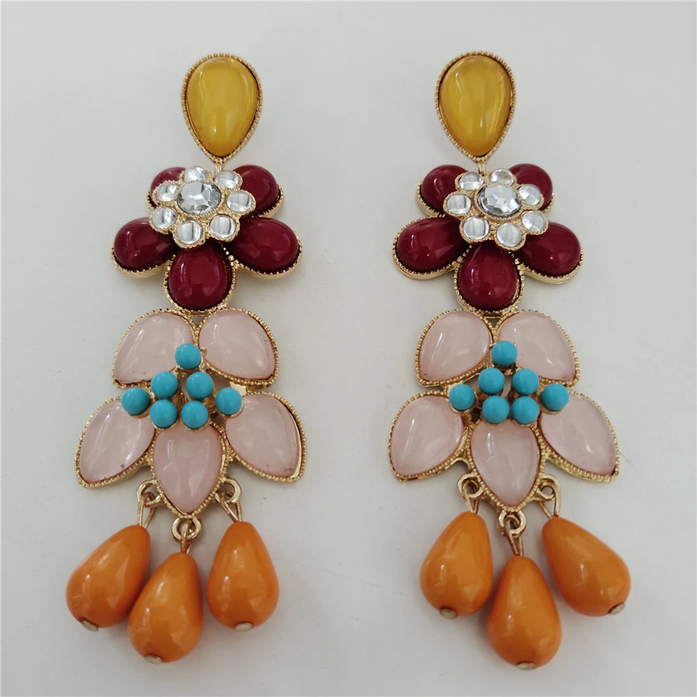 2025 הצהרה הודית הודית אתנית עגיל מתנודד פרחים נשים בוהו בציר שרף צבעוני עגילים ארוכים תכשיטים