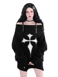 Gothic Harajuku Punk Sweater Women Pullovers Y2k Goth Dark Grunge Off Shoulder Knitted Tops Autumn Long Sleeve Jupmers Spring