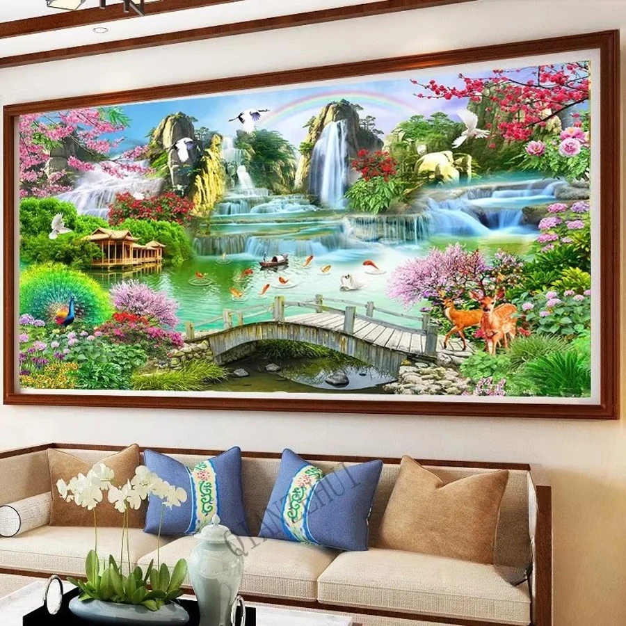 Flowing Water 5D Diamond Painting Peacock Crane Bridge Rising Sun Landscape Diamond Embroidery Mosaic Full Rhinestone Home Decor