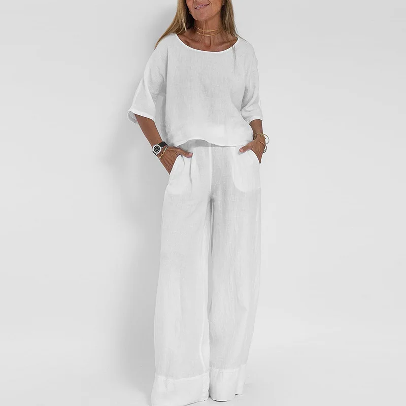 Summer Fashion Wide Leg Linen Pant Sets Woman 2024 Elegant Short Sleeve Loose Shirts Top Women Baggy Pants Female Clothing Suit