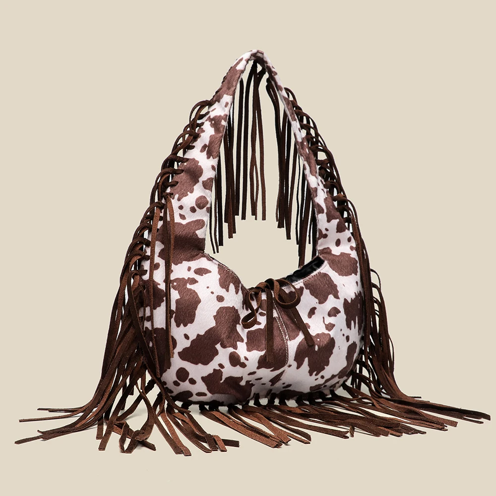 

Модные длинные бродяги с кисточками, сумки на плечо с коровьим принтом для женщин, сумки в форме полумесяца и облака, сумка для пельменей, сумка для покупок подмышками, новинка