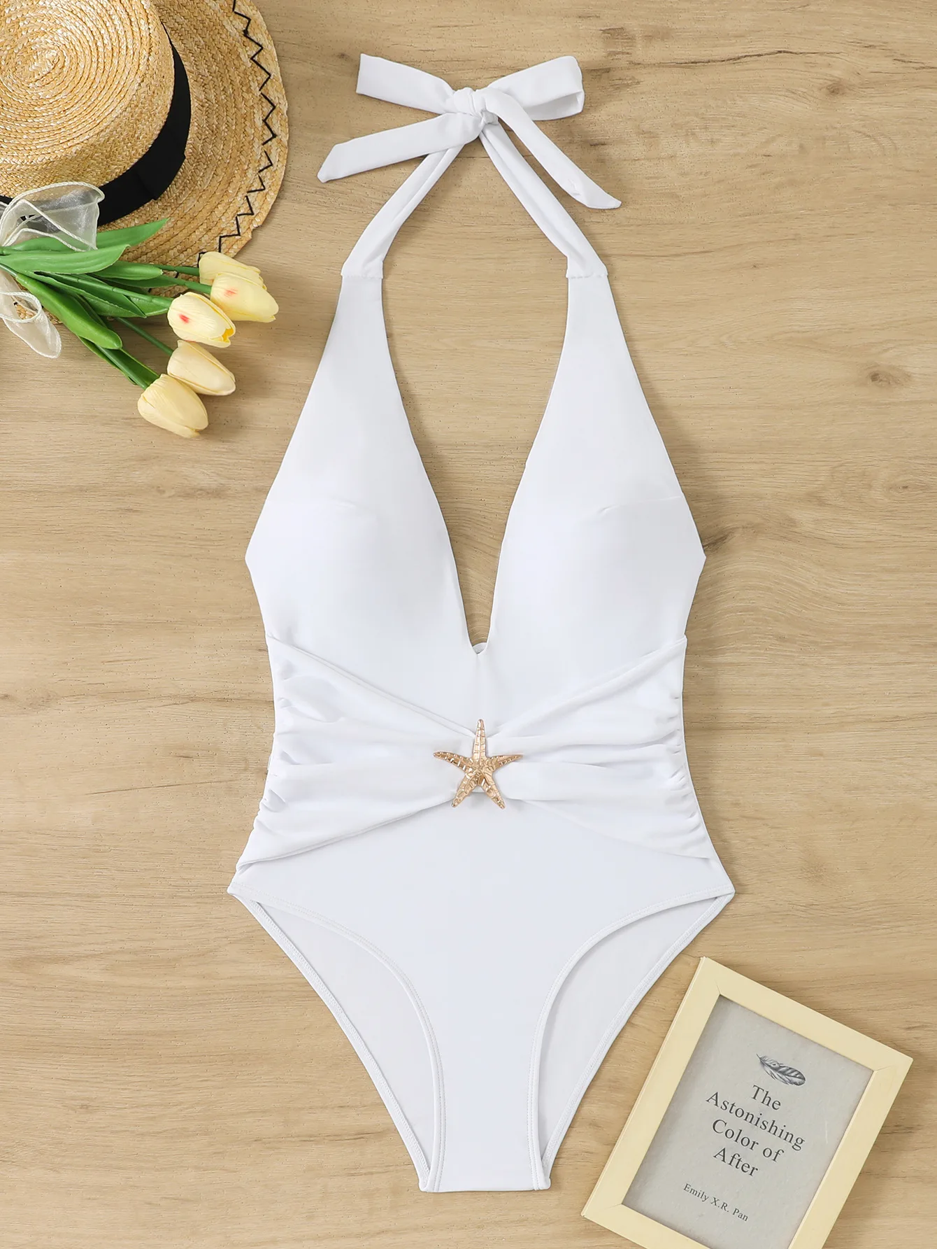 

sexy deep v-neck halter tie swimsuits one piece metal starfish bikinis swimwear bodysuits women biquini bathing suits tankini