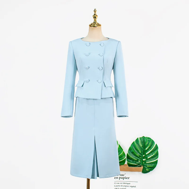 2 Pieces Set Women Double Breasted Blazer Korean Drama Star ์์ง Elegant A Line Knee-Length Slit Skirt Women Two Pieces Sets