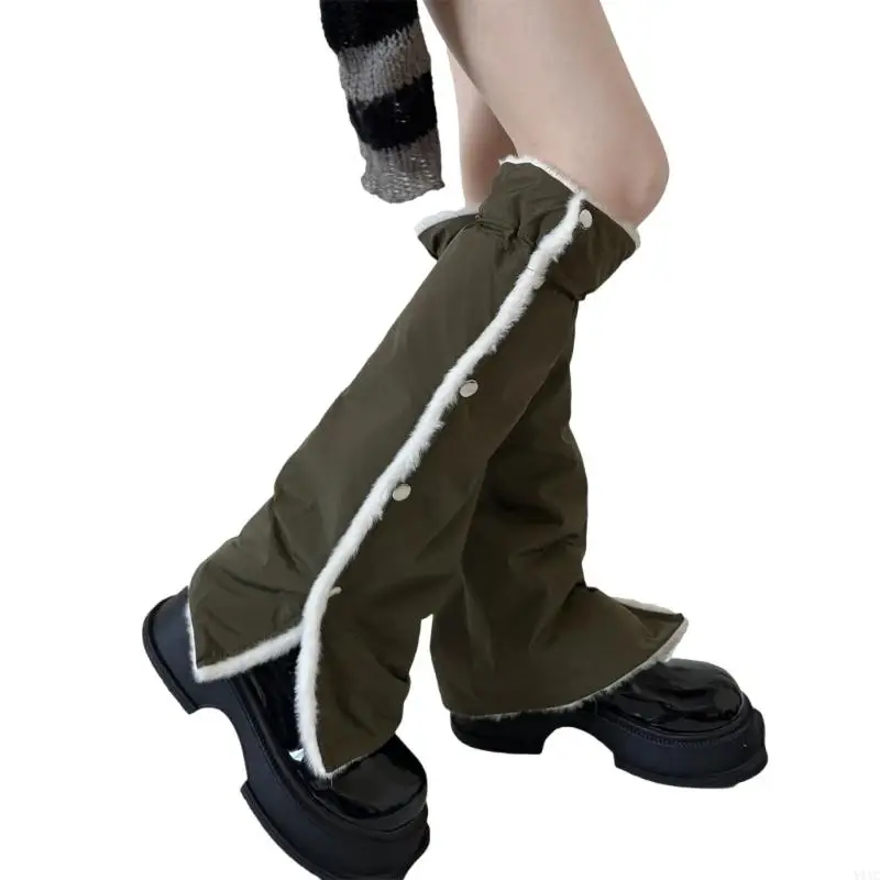Womens Side Slit Buttoned Slouchy Leg Warmers Fleece Lined Drawstring Boot Socks Y1AC