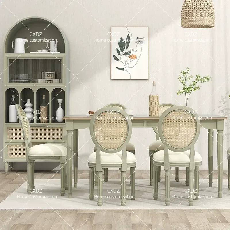 Rattan Dining Table and Chairs Set Rectangular Wood Grain Finish 1 Table 4 or 6 Chairs Combination Modern Home Kitchen