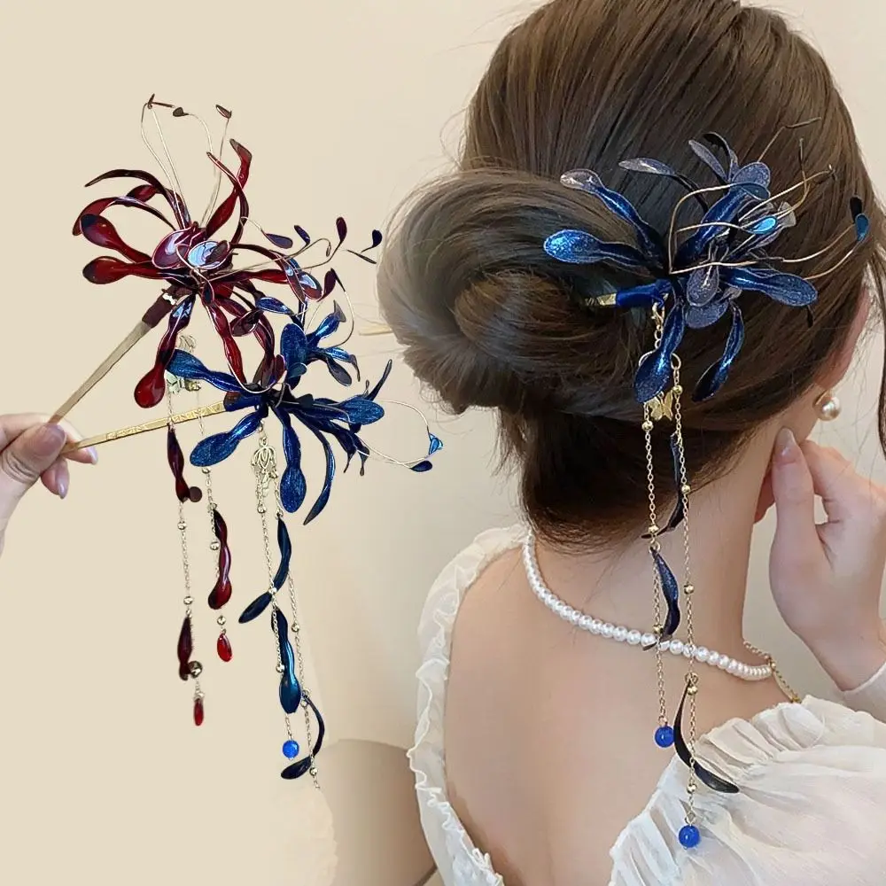 

Chinese Style Spider Lily Flower Hair Sticks Wedding Super Fairy Dripping Oil Tassel Hairpins Vintage Hanfu Chopsticks