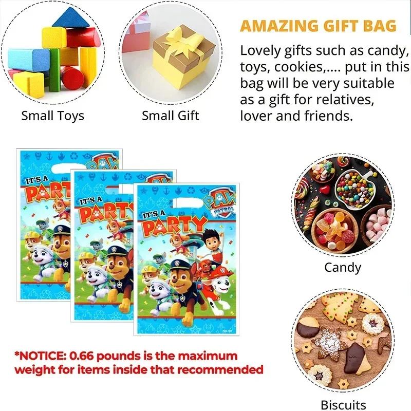 Sacs cadeaux de fête Paw Patrol, thème Anime, sac à butin de bonbons en plastique, sac cadeau à poignée, fournitures de fête d\'anniversaire pour