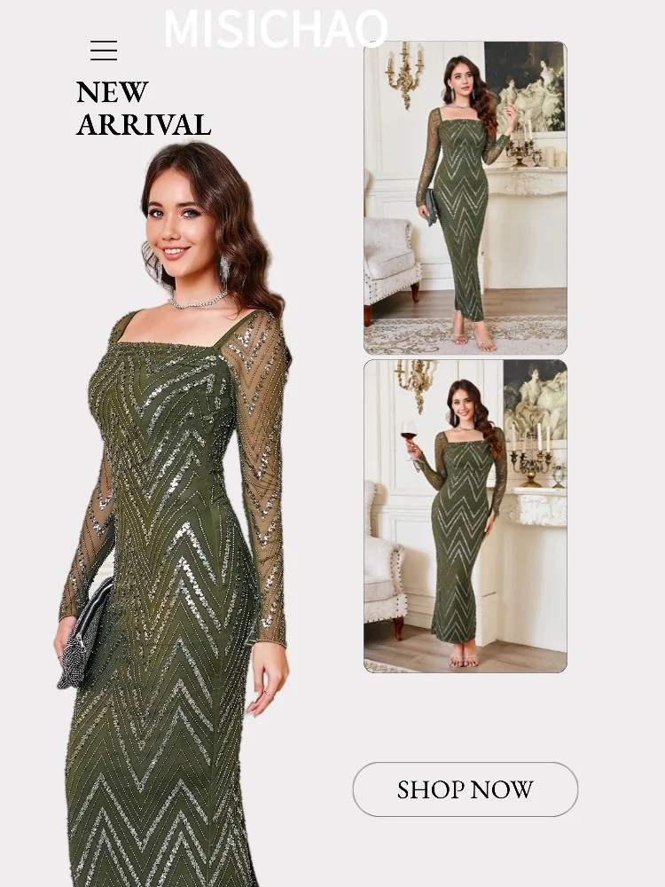 

MISICHAO Olive Green Sequin Chevron Evening Dress Square Neck Long Sheer Sleeve Bodycon Maxi Dress Womens Formal Party Prom Gown