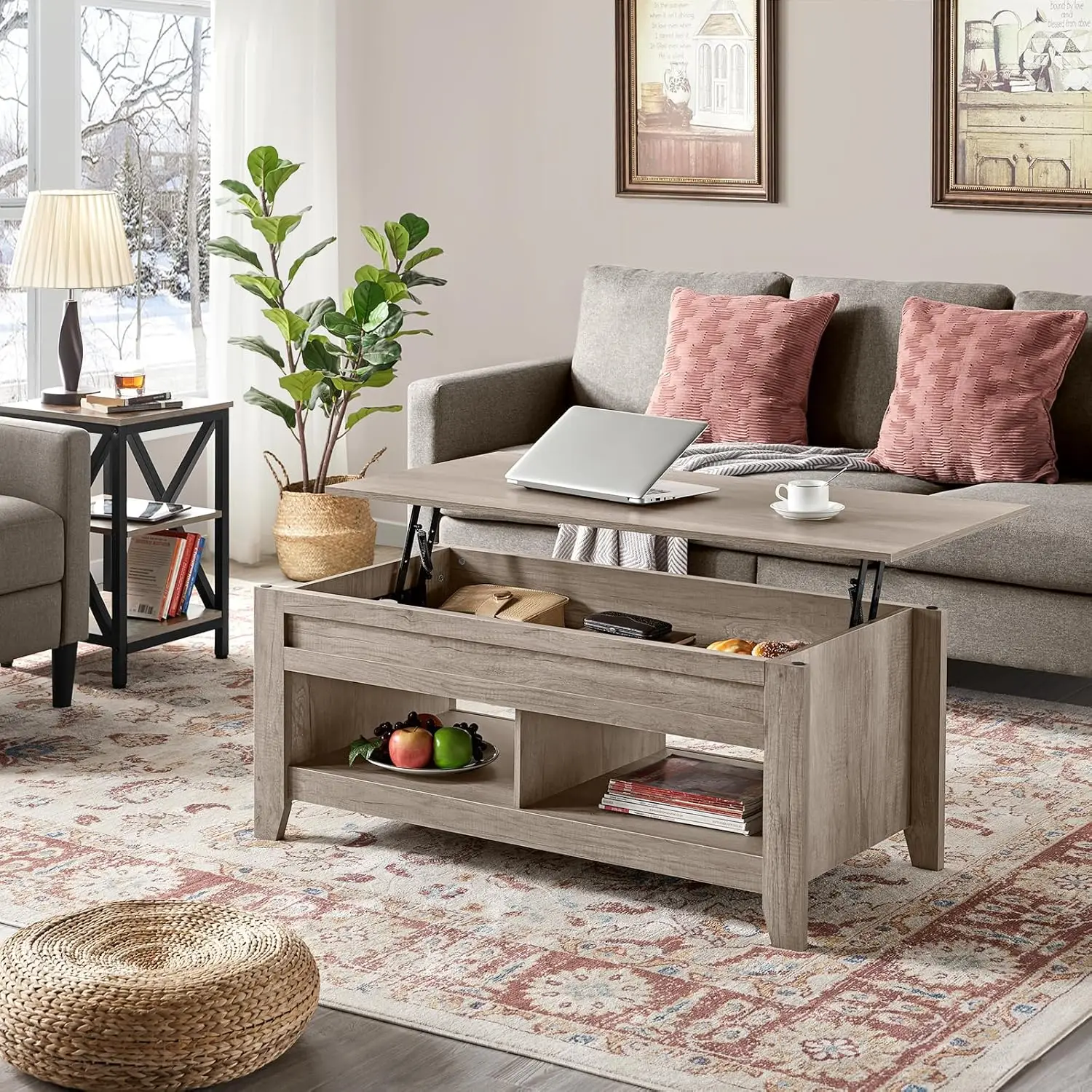 Lift Top Coffee Table with Hidden Storage Compartment & Lower Shelf, Lift Tabletop Farmhouse Table for Living Room Office