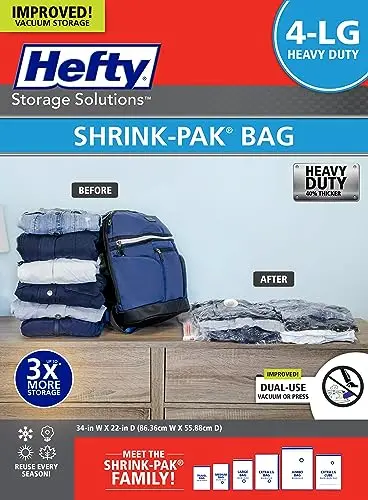

Вакуумные пакеты Hefty для одежды, 4 шт., большие пакеты для хранения с функцией экономии места (34 x 22 дюйма), с компрессионной застежкой для постельного белья, одежды и багажа