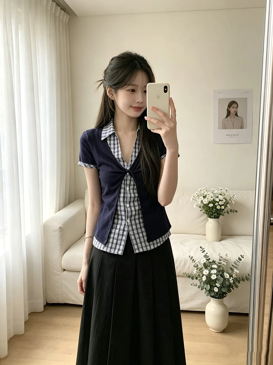 

plus Size Women's Plaid Short Sleeve Shirt Slim Fit Preppy Style Summer Top Korean Style Collar Breathable Polyester Fiber