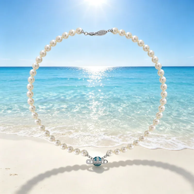925 Silver European and American Boutique Pin Baked Paint Saturn - Pearl Necklace for Women