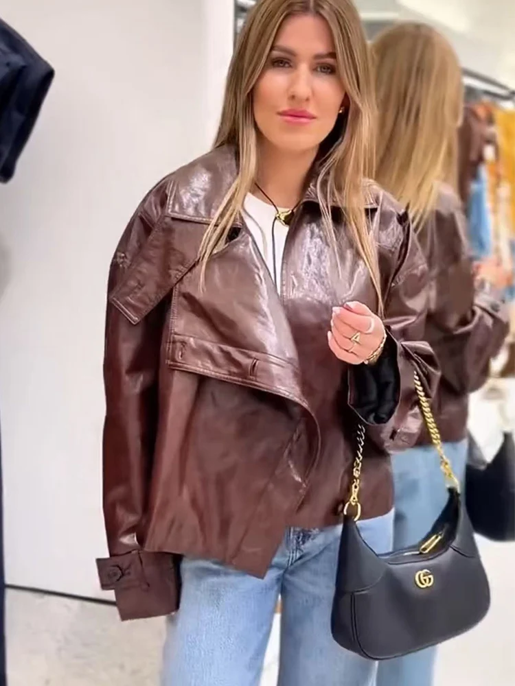  TFMLN Faux Leather Jacket For Women Casual Loose Lapel PU Fitted Button Coat New Autumn Solid Bomber Jackets Street Outerwear