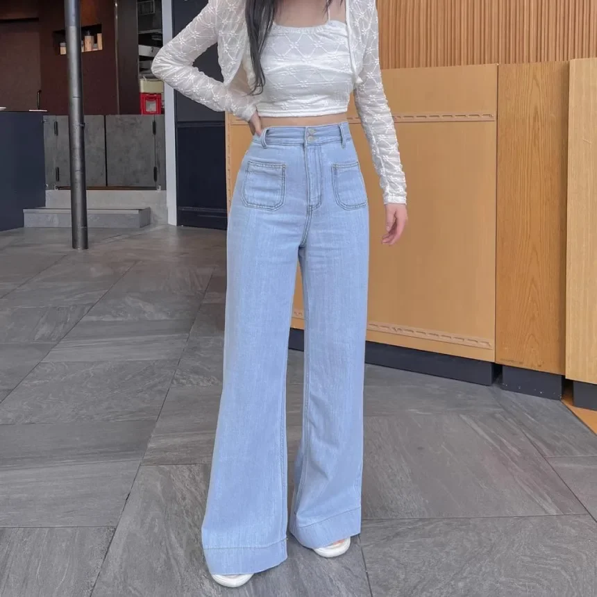 Light Blue Wide Leg Pants Women Streetwear High Waisted Jeans Ladies Pockets Loose Korean Fashion Y2k Denim Pants Female