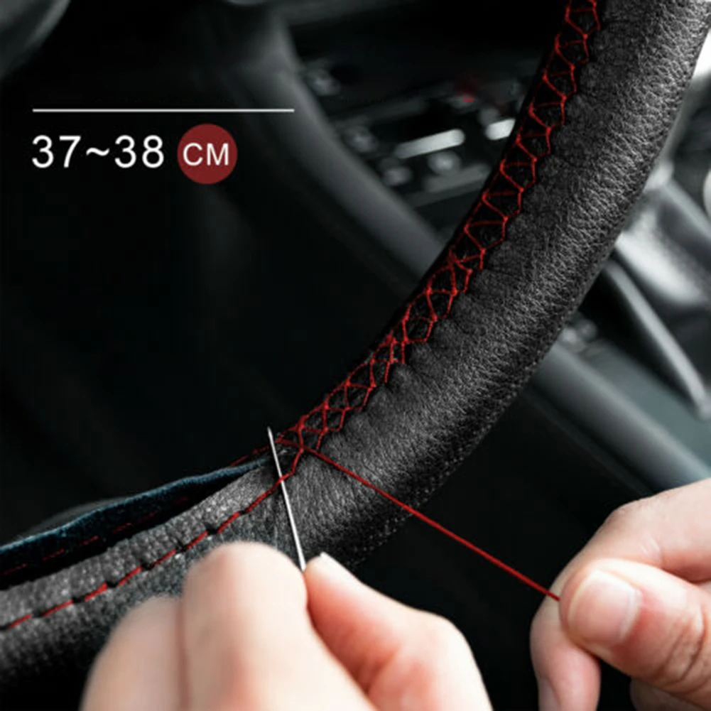Leather Steering Wheel Cover with Needles Thread for DIY Hand Stitching Fits 37 38cm Diameter Wheels Absorbent and Non Slip