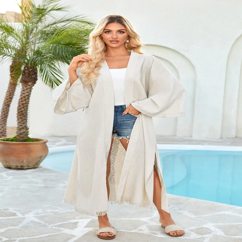 

2025 New Women's Cotton Linen Beach Cover up Bikini Outerwear Vaion Sun Protection Split Design Swimming Suit Jaet