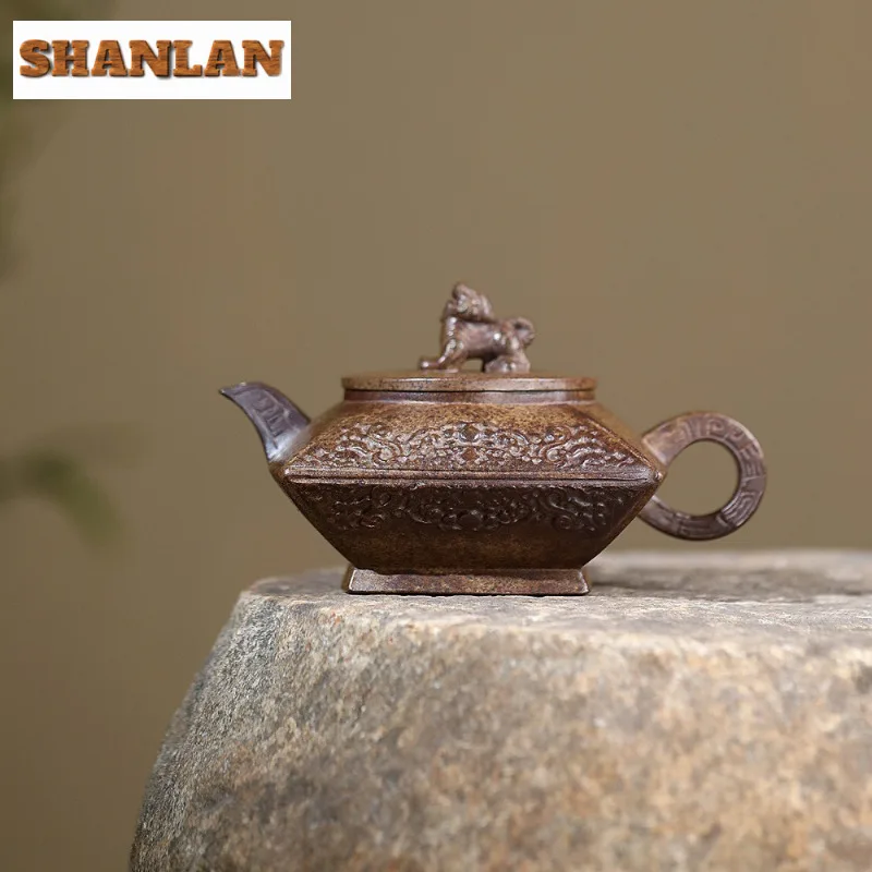 

370ml Yixing Purple Clay Teapot Handmade Square Auspicious Beast Pot Raw Ore Firewood Agilawood Mud Tea Soaking Kettle Zisha Tea