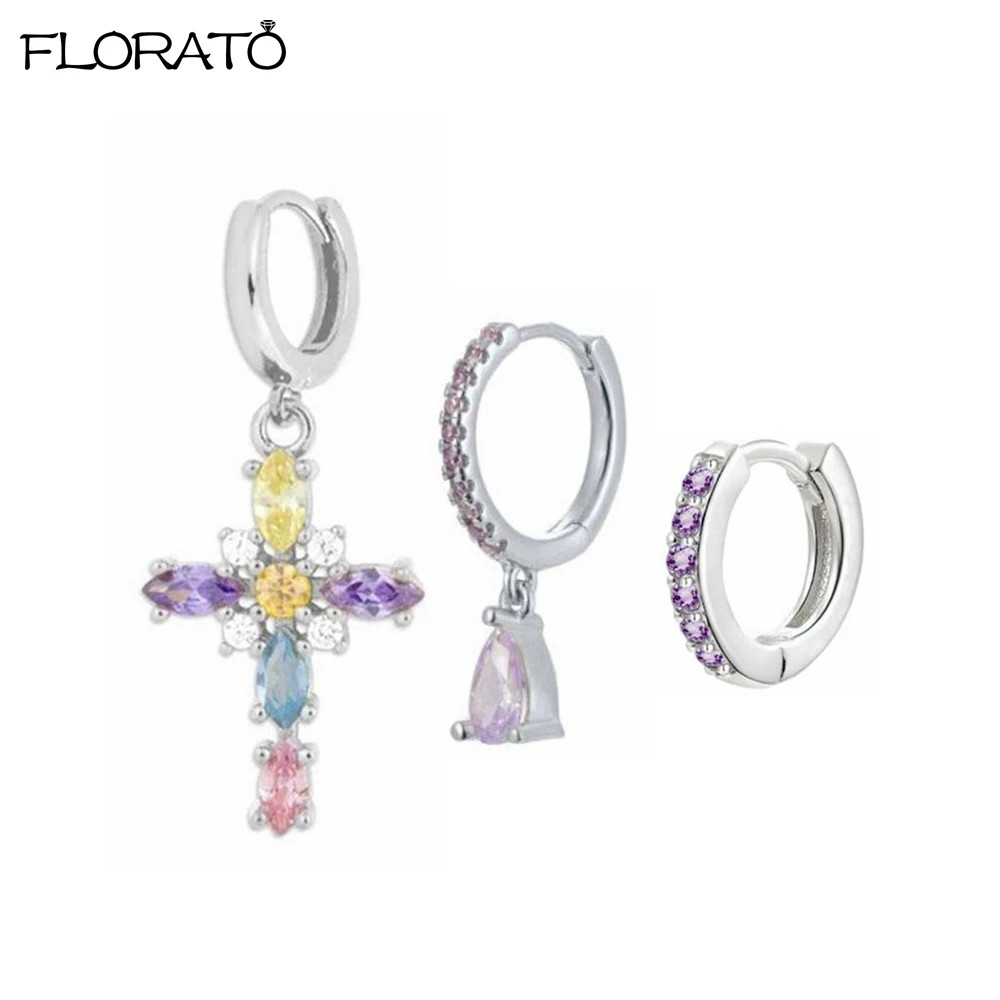 

Fashion Cross Pendant Hoop Earrings for Women 925 Sterling Silver Needle Luxury Purple CZ Zircon Earrings Set Puncture Jewelry