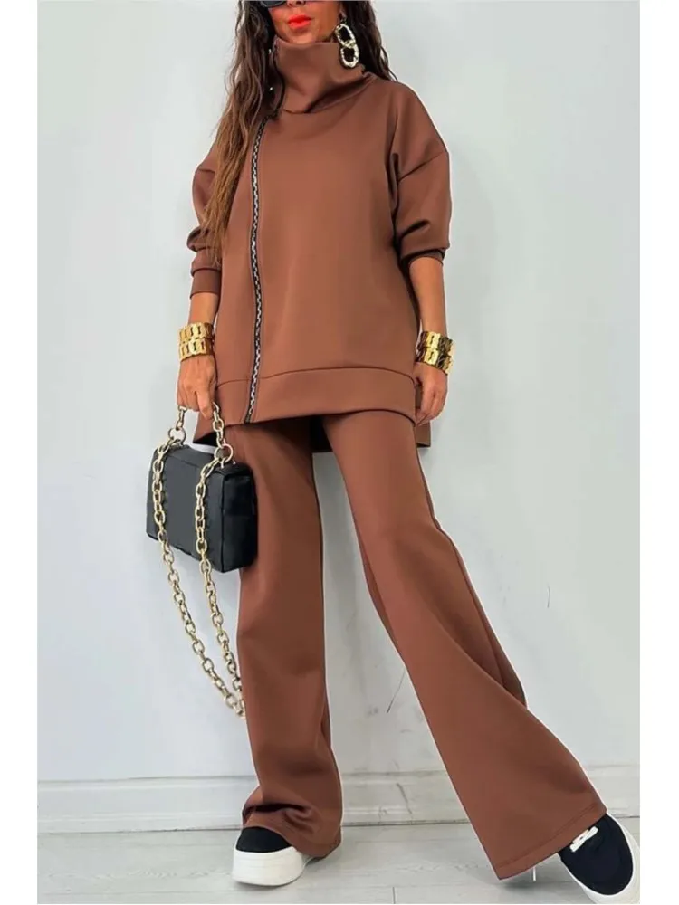 Autumn Winter Fashion Loose Outfits Woman Turtleneck Zipper Sweatshirt Wide Leg Pant Set Women Casual Long Sleeve Solid 2Pc Suit