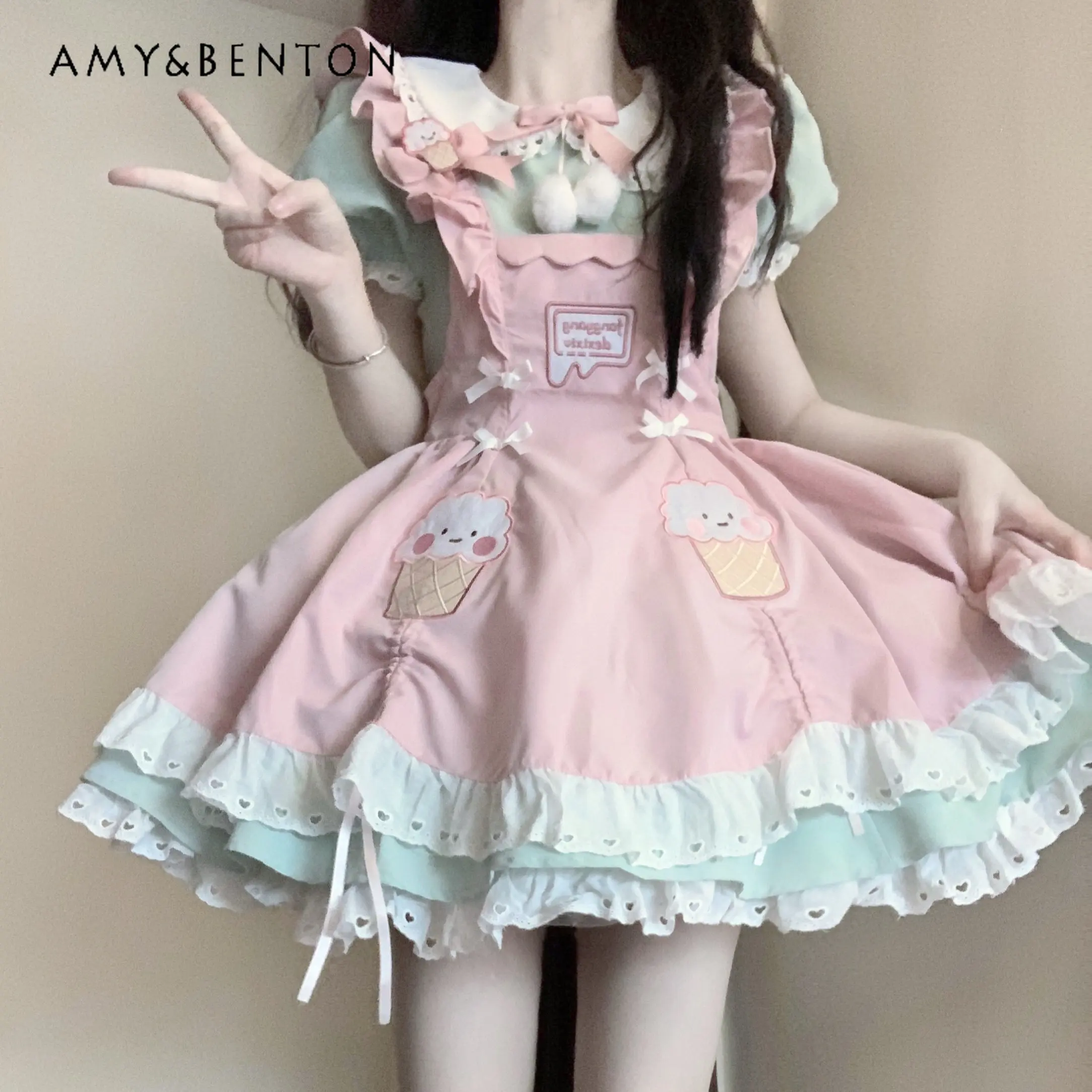 

2026 Summer Women's Japanese Sweet Cute Cartoon Print Bow Black Pink Green Maid Style Lolita Short Sleeve Slim Fit Mini Dress
