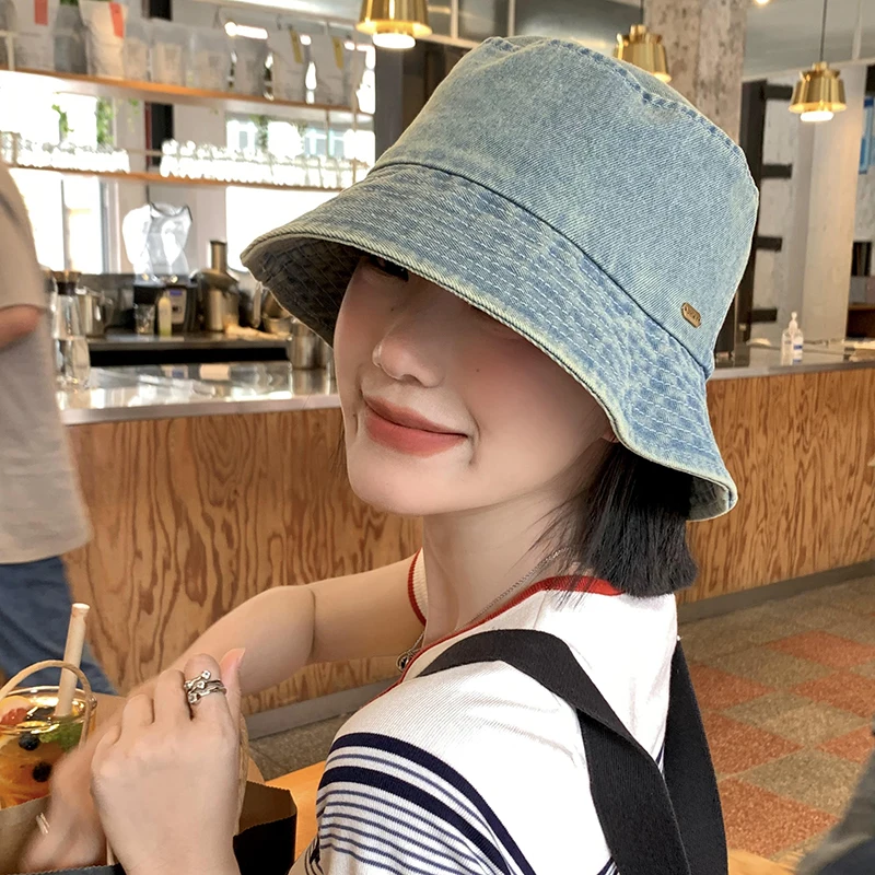 Vintage Denim Bucket Hats for Women Summer Japanese Retro Big Head Basin Cap Showing Face Small Sunshade Sunscreen Men\'s Hat