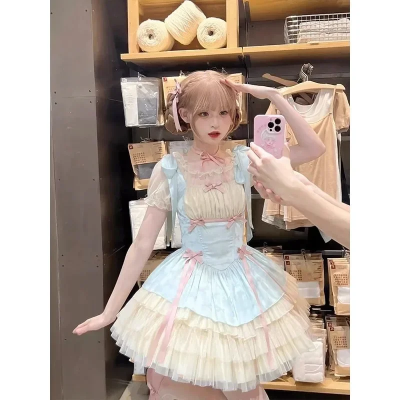 Kawaii Blue Lace Puff Sleeve Lolita OP Dress Pink Bow Women Y2k Cute Cosplay Princess Skirt with Tutu Skirt Victorian Mini Dress