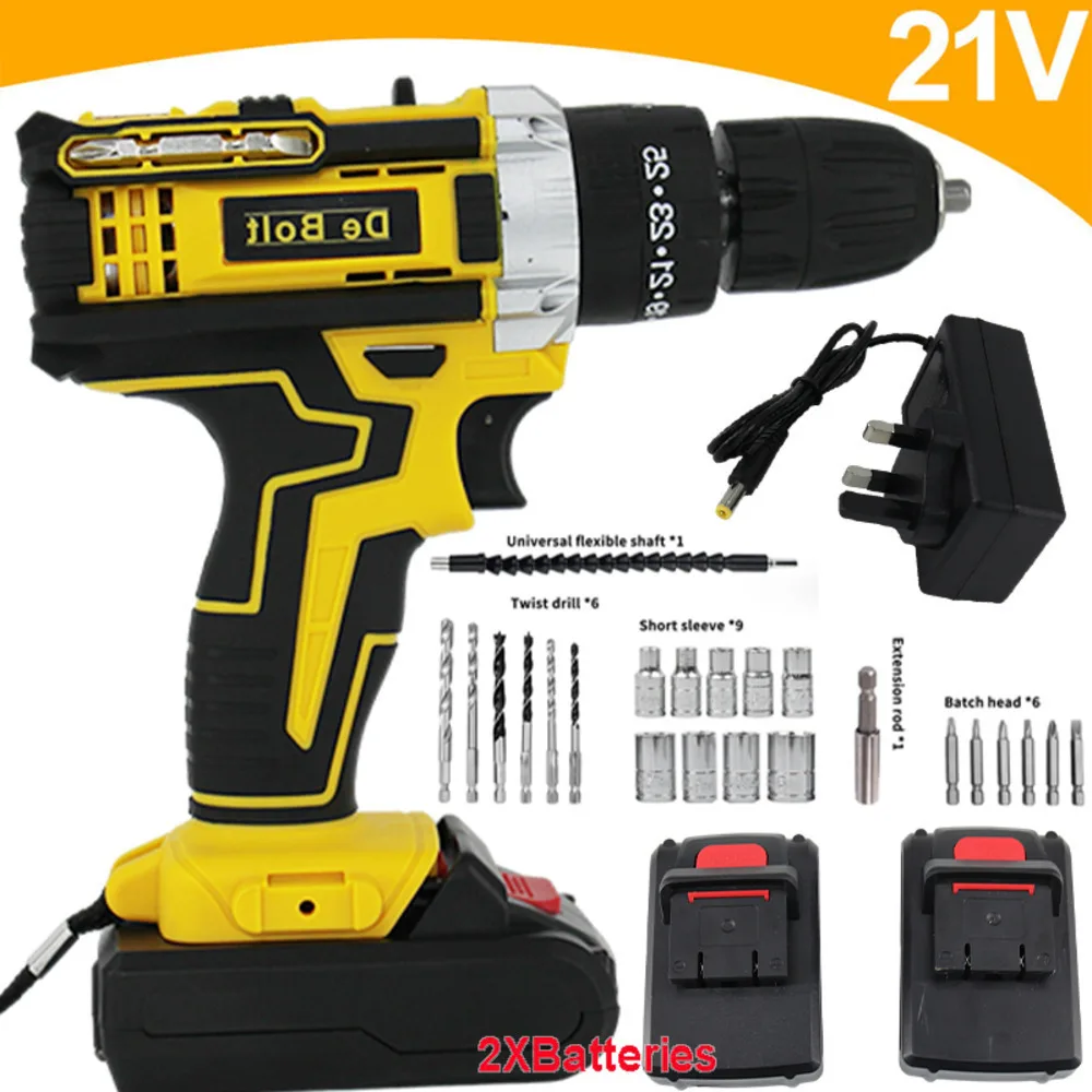 21V Cordless Handheld Impact Drill Electric Screwdriver Driver Power Tool Set with 2 Batteries