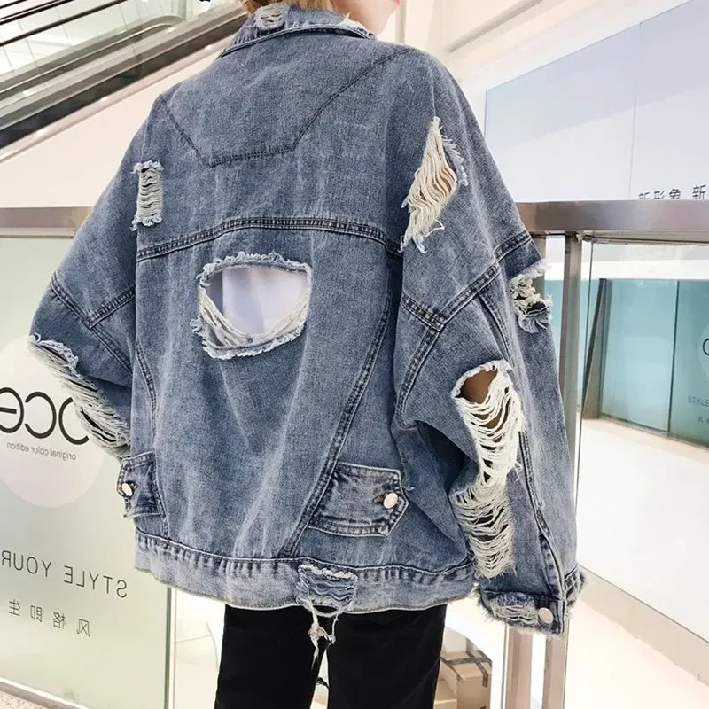 Fried Street Hole Denim Jacket Women's New Spring  Autumn Cowboy Jackets Female Outerwear Fashion Loose Casual Jacket Streetwear