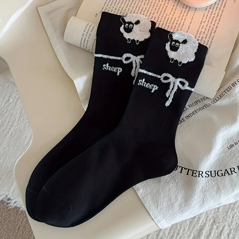 4 قطع من جوارب الأغنام النسائية - جوارب كاجوال رمادية ناعمة، تصميم حيوان لطيف، مريح لجميع المواسم