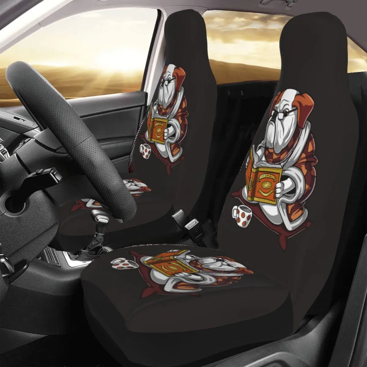 

English Bulldog Book Reading Dog Car Seat Cover Custom Printing Universal Front Protector Accessories Cushion Set