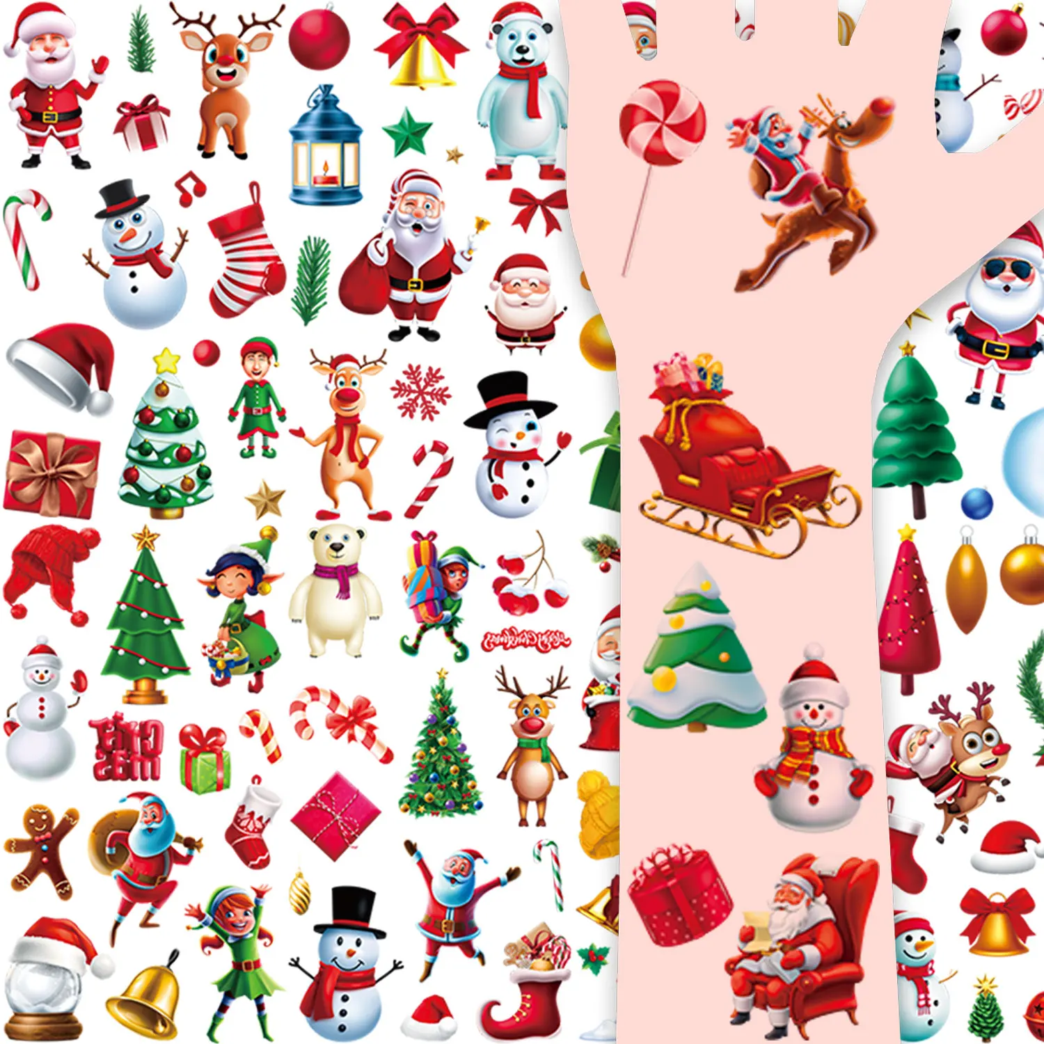 

10 Sheets of 132 Cartoon Santa Claus, Snowman, Christmas Tree, Reindeer, Christmas Stockings, Christmas Decoration Elements, Temporary Tattoo Stickers, Waterproof and Lasts for 2-5 Days, Suitable as Christmas Gifts