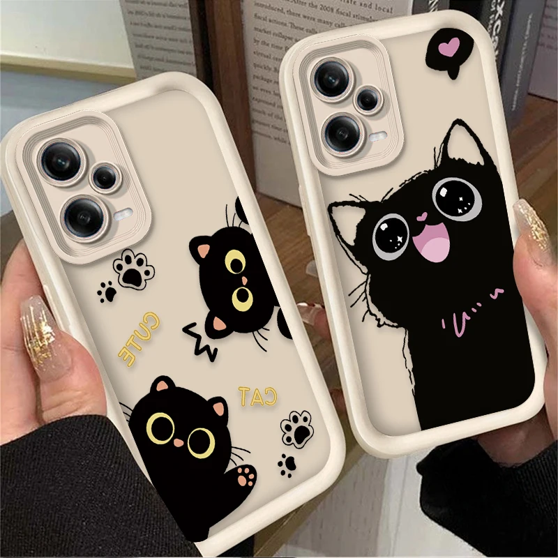 Cute Love Heart Black Cat Matte Phone Case for Xiaomi Redmi Note 15 14 13 12 11 10 Pro Plus 5G 14S 12S 11S 10S 4G Silicone Cover