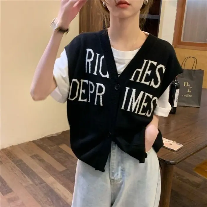 

Deeptown Vintage Y2k Knit Cardigan Vest Sleeveless V Neck Knitwear Summer Loose Sweater Korean Style Letter Harajuku Streetwear