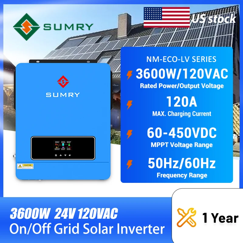 Sumry 3600W Hybrid Solar Inverter 24V 110V Pure Sine Wave on/Off Grid Inverter with MPPT 120A Solar Charge Controller for Home