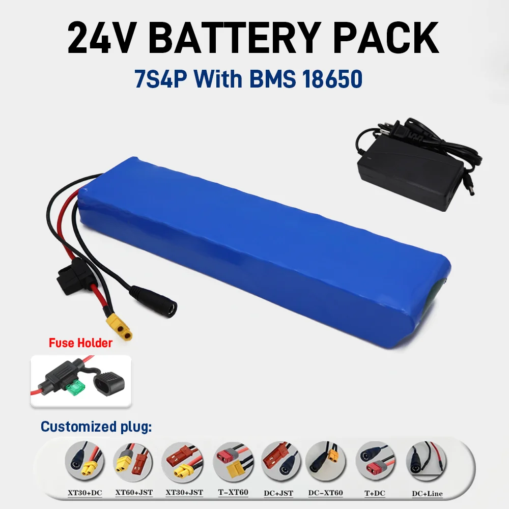 

24V 12000mAh rechargeable lithium battery pack 18650 cells 7S4P with 15A BMS+29.4V charger 250W/500W compatible