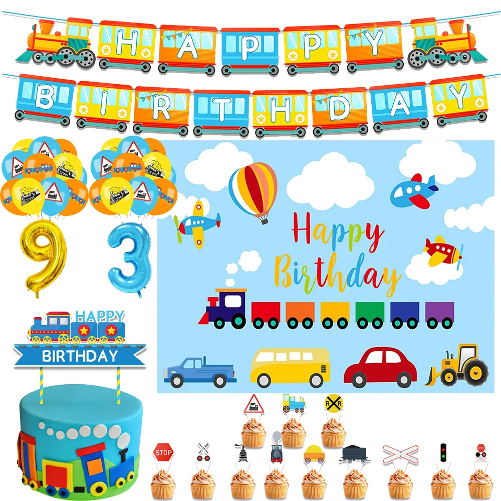 

Vehicle Cartoon Train Theme Birthday Party Decoration Supplie Cake Decoration Banner Numbers Balloon Background Baby Shower