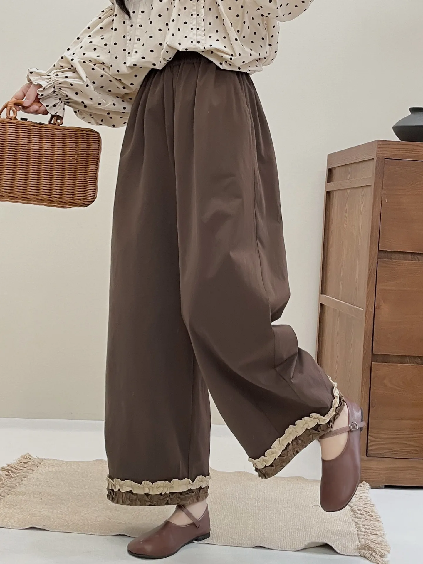 กางเกงขายาวทรงตรงเอวสูงผ้าฝ้ายเนื้อนุ่ม ดีไซน์ต่อผ้าแฟชั่นสำหรับผู้หญิง