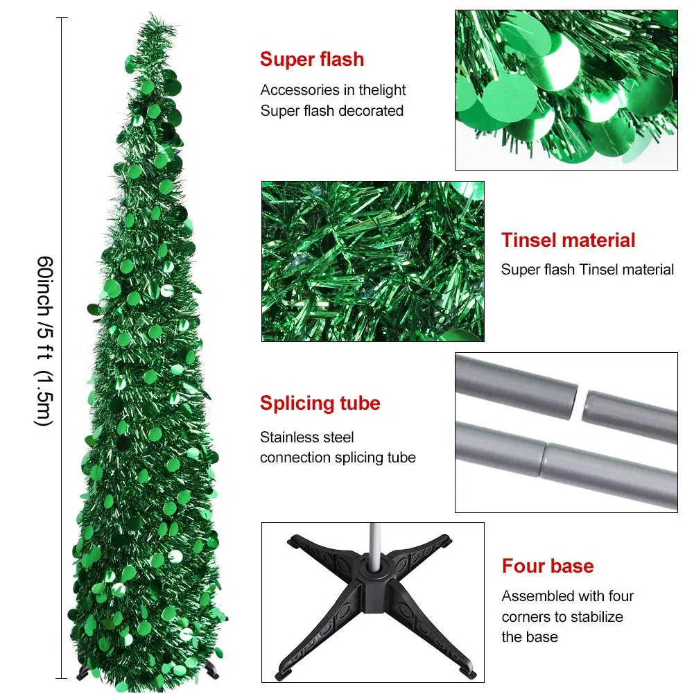 Albero di natale pieghevole da 5 piedi albero di natale costiero artificiale Pop-Up verde Tinsel per decorazioni natalizie natalizie