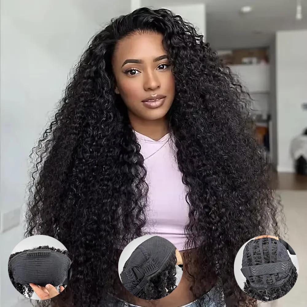 32 Inch Half Wig Curly Human Hair Wigs With Adjustable Drawstring Seamless Clips Machine Made 3 IN 1 Half Deep Wig 220% Density