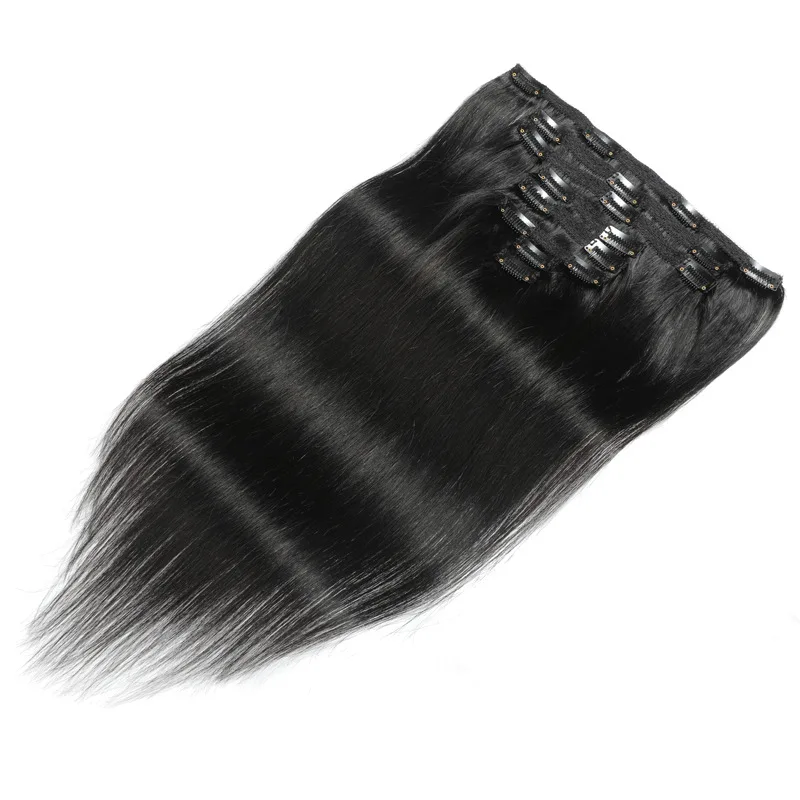 120g conjunto de grampos de cabelo humano em linha reta em extensões de cabelo preto natural 8 peças para cabeça cheia clipe ins pacotes virgem brasileira