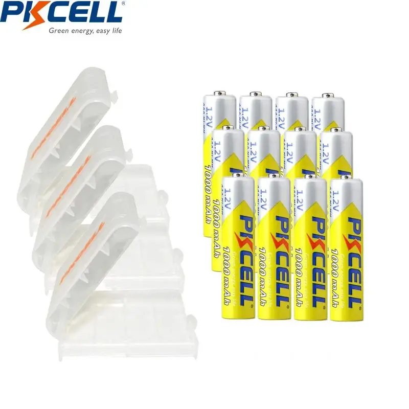 12PCS PKCELL AAA Battery 1.2V 1000MAH NIMH Battery AAA 3A Rechargeable Batteries and 3Pcs  Battery holder box/holder for AAA/AA