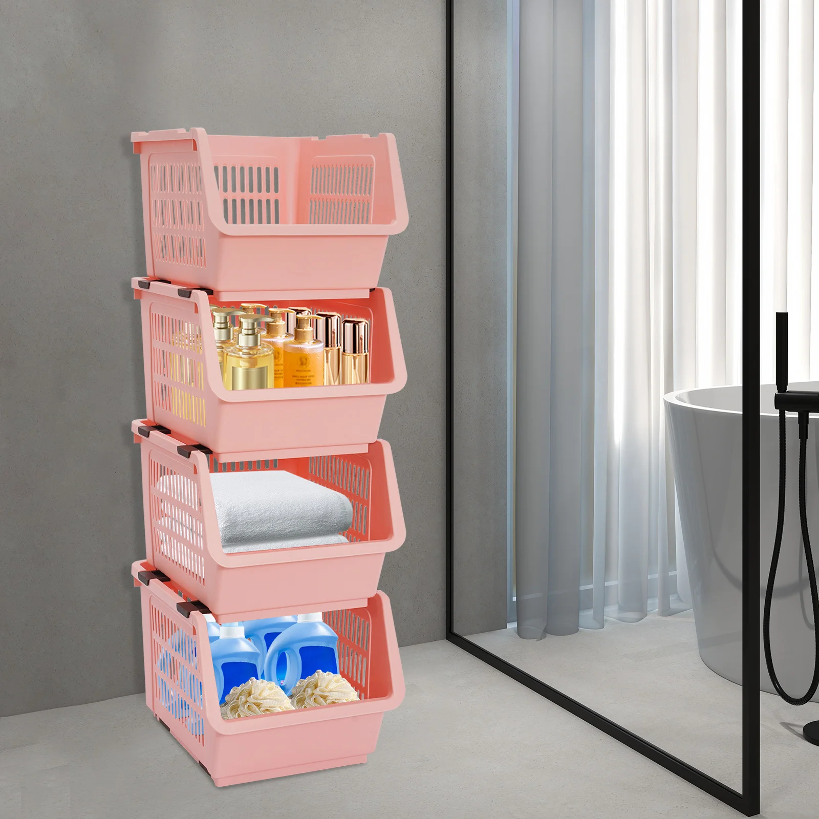 4 عبوات من سلال تخزين كبيرة قابلة للتكديس، صناديق تنظيم PP مستطيلة باللون الوردي، أرفف خزانة منزلية متعددة الأغراض، سعة 55 رطلاً #3