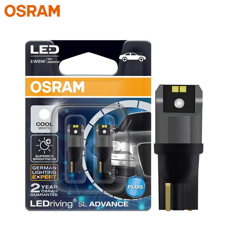 OSRAM LED T10 6000K W5W 194 LEDriving SL Advance 6000K White Car Reading Bulbs Door Lamps Interior Light 12V 1.5W 2980CW, Pair