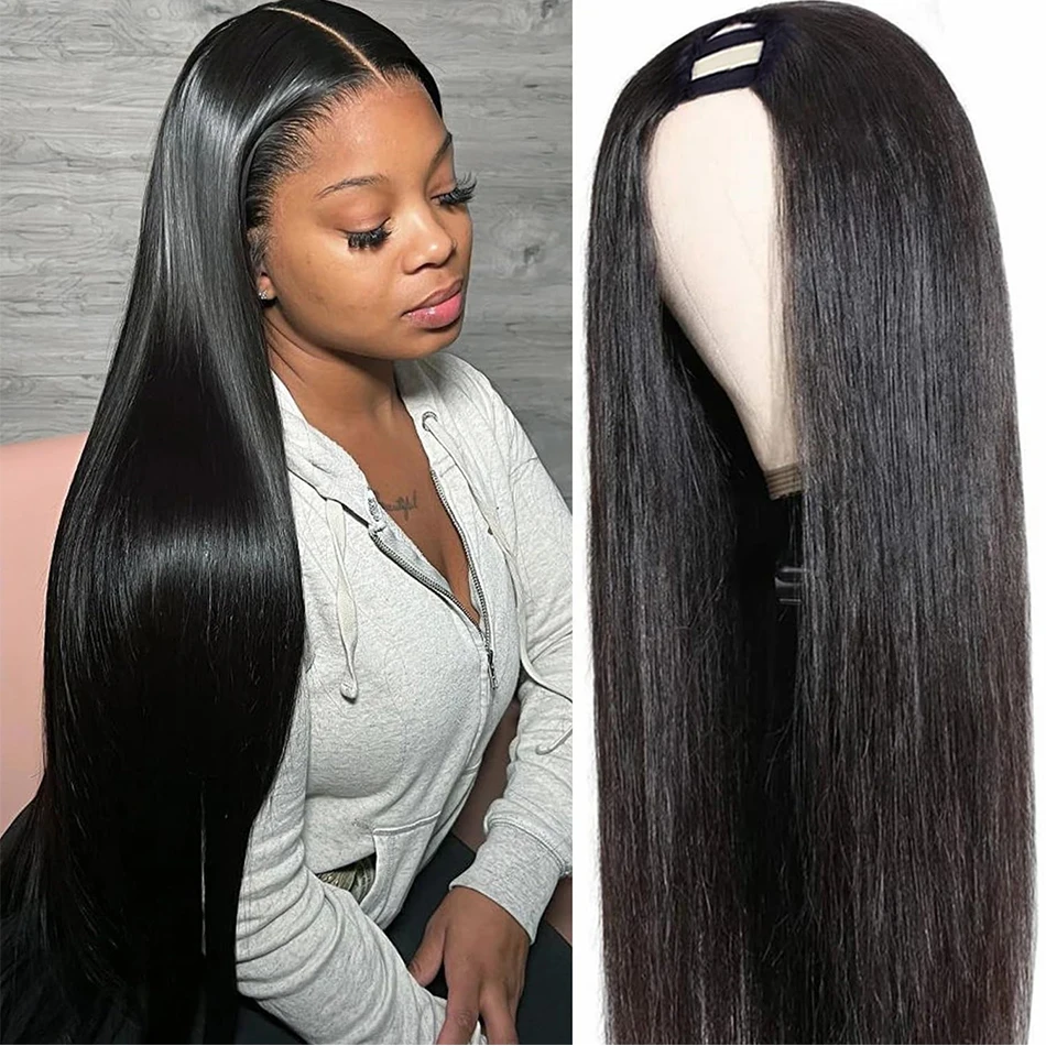 

FUGANGXIU-30 дюймов прямые U-образные парики из натуральных волос бразильские парики для женщин бесклеевые парики без пришивания на клипсе в полупарике 180%