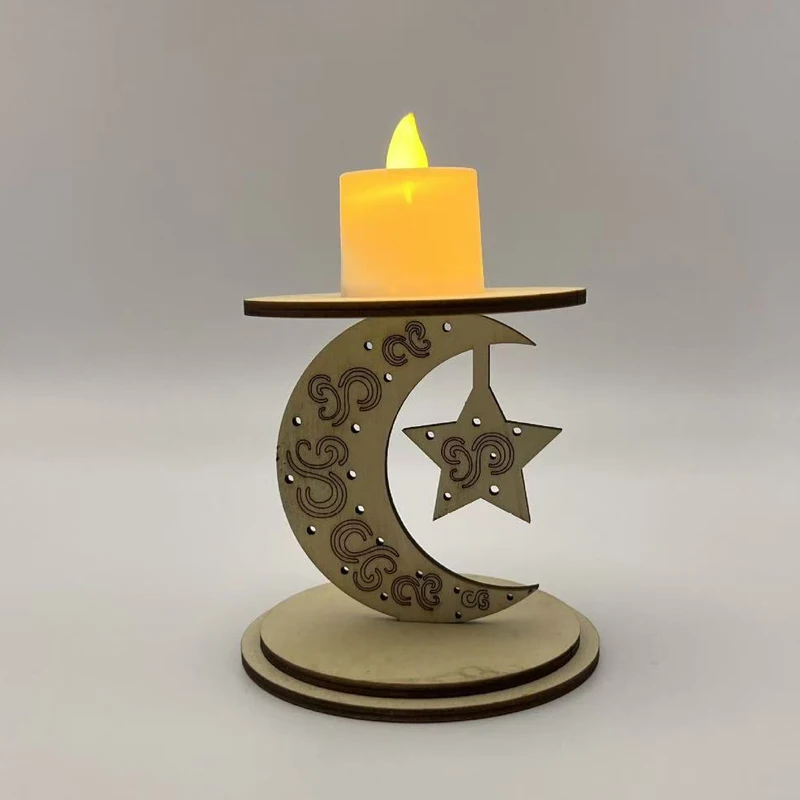 Eid Mubarak Wooden Ornaments Eid Festival Party Small Gifts Islamic Warm Home Decor Castle Star Moon Ornament Led Candle Light