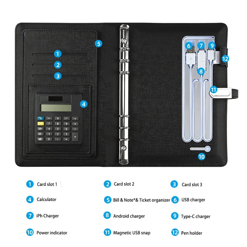 10000mAh Power Bank Notebook with Calculator Card Slot Business Noterpad Multifunctional Wireless Wired Charging Diary with USB